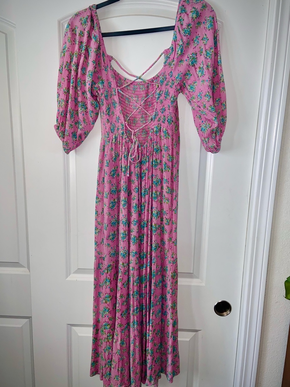 Urban Outfitters Pink Floral Lace-Up Maxi Dress with Puff Sleeves